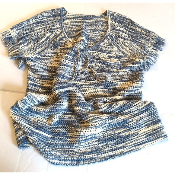 Crochet Loose Knit Sweater Women L Tassels Short Sleeves Fringe Cottagecore Boho - Picture 2 of 5